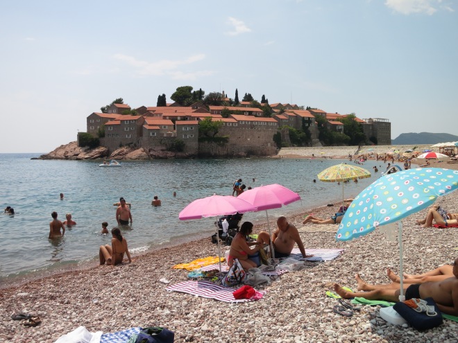 The ultra exclusive Aman Sveti Stefan resort charges a cool US$1,500 and up for a night's accommodation. Ordinary folk can go as far as the little causeway linking to the island, and can even use the beach on the mainland side - for a fifty euro fee!